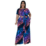 Plus Size Women's Summer Print Fashion Casual Lace-Up Top Wide Leg Pants Two-Piece Set