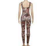 Women's Spring Fashion Sexy Leopard Print Strap Low Back Tight Fitting Jumpsuit