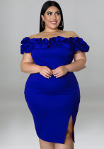 Fashion Plus Size Women's Summer Sexy Off Shoulder Ruffled Slit Bodycon Dress