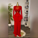 Women's Spring Solid Color Long Sleeve Round Neck Tight Fitting Long Dress