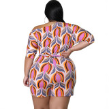 Plus Size Women's Summer Slash Shoulder Print Short Sleeve Jumpsuit With Belt