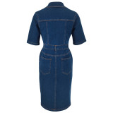 Women's Denim Short Sleeve Turndown Collar Bodycon Midi Dress