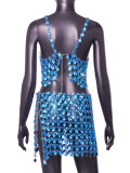 Blue Gem Sexy Halter Neck Strap Low Back Women's Vest Slit Skirt Two-Piece Set