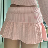 Spring Sweet Pink Turned Waist Elastic Woolen Mini Skirt