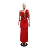 Fashion Sexy One-Shoulder Hollow Ruffled Slim Slit Dress