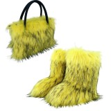 Women Spring Furry Mid-Tube Snow Boots Furry Tote Bag Two-Piece Set