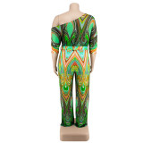 Plus Size Women's Summer Slash Shoulder Print Short Sleeve Wide Leg Jumpsuit