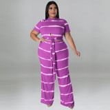 Plus Size Women's Round Neck Ribbed Short Sleeve Lace-Up Top Pants Two-Piece Set