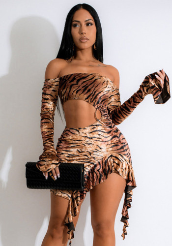 Off Shoulder Hollow Metal Ring Leopard Print Long Sleeve Dress