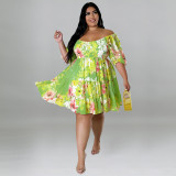 Plus Size Women's Summer Sexy Off Shoulder Print Casual Loose Dress