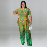 Plus Size Women's Summer Slash Shoulder Print Short Sleeve Wide Leg Jumpsuit