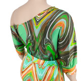 Plus Size Women's Summer Slash Shoulder Print Short Sleeve Wide Leg Jumpsuit