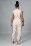 Women's Color Matching Fashion Turndown Collar Button Belt Jumpsuit