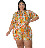 Plus Size Women's Summer Slash Shoulder Print Short Sleeve Jumpsuit With Belt