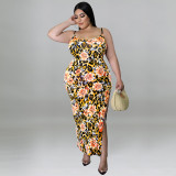 Plus Size Women's Summer Floral Print Strap Sexy Slit Bodycon Dress