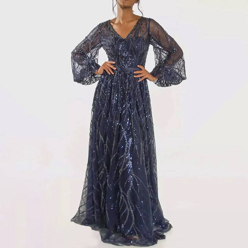 Sequined V-Neck Long Sleeve Lace Long Party Dress(Processing time need 3-6 days)