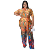 Plus Size Women's Summer Slash Shoulder Print Short Sleeve Wide Leg Jumpsuit
