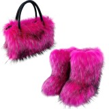 Women Spring Furry Mid-Tube Snow Boots Furry Tote Bag Two-Piece Set