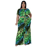 Plus Size Women's Summer Print Fashion Casual Lace-Up Top Wide Leg Pants Two-Piece Set