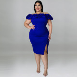 Fashion Plus Size Women's Summer Sexy Off Shoulder Ruffled Slit Bodycon Dress
