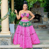 Plus Size Women's Summer Print Strapless Top A-Line Long Skirt Two-Piece Set