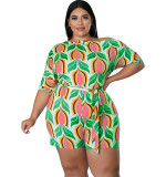 Plus Size Women's Summer Slash Shoulder Print Short Sleeve Jumpsuit With Belt