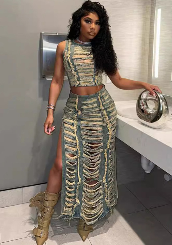 Women's Fashion Trend Worn Hollow Sexy Vest High Slit Denim Skirt Two-Piece Set