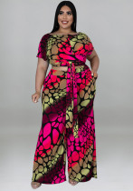 Plus Size Women's Summer Print Fashion Casual Lace-Up Top Wide Leg Pants Two-Piece Set