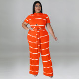 Plus Size Women's Round Neck Ribbed Short Sleeve Lace-Up Top Pants Two-Piece Set