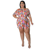 Plus Size Women's Summer Slash Shoulder Print Short Sleeve Jumpsuit With Belt
