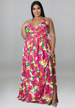 Plus Size Women's Summer Sexy Halter Low Back Print Slit Maxi Dress