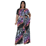 Plus Size Women's Summer Print Fashion Casual Lace-Up Top Wide Leg Pants Two-Piece Set