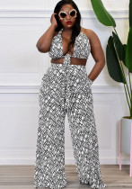 Plus Size Women's Summer Print Low Back Vest Wide Leg Pants Sexy Fashion Two-Piece Set