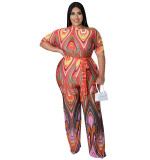 Plus Size Women's Summer Slash Shoulder Print Short Sleeve Wide Leg Jumpsuit