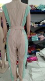 Women's Color Matching Fashion Turndown Collar Button Belt Jumpsuit