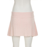 Spring Sweet Pink Turned Waist Elastic Woolen Mini Skirt