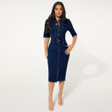 Women's Denim Short Sleeve Turndown Collar Bodycon Midi Dress