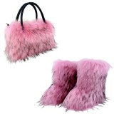 Women Spring Furry Mid-Tube Snow Boots Furry Tote Bag Two-Piece Set