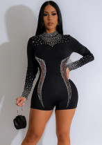 Sexy Beaded See-Through Mesh Patchwork Long Sleeve Slim Fit Jumpsuit