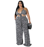 Plus Size Women's Summer Print Low Back Vest Wide Leg Pants Sexy Fashion Two-Piece Set