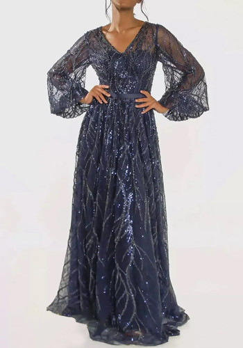 Sequined V-Neck Long Sleeve Lace Long Party Dress（Processing time need 3-6 days）