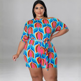 Plus Size Women's Summer Slash Shoulder Print Short Sleeve Jumpsuit With Belt