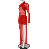 Women's Sexy Cross Patchwork See-Through Mesh Red Round Neck Slim Long Dress