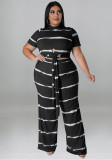 Plus Size Women's Round Neck Ribbed Short Sleeve Lace-Up Top Pants Two-Piece Set