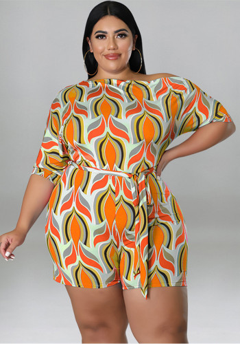 Plus Size Women's Summer Slash Shoulder Print Short Sleeve Jumpsuit With Belt