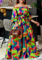 Spring Women Sexy Off Shoulder Bubble Long Sleeve Print Slim Waist Long Dress Spring Women Sexy Off Shoulder Bubble Long Sleeve Print Slim Waist Long Dress