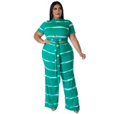 Plus Size Women's Round Neck Ribbed Short Sleeve Lace-Up Top Pants Two-Piece Set
