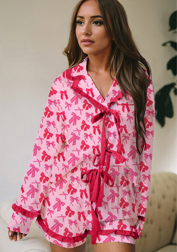 Ruffled Long-Sleeved Two-Piece Casual Shorts Set Printed Valentine's Day Pajamas