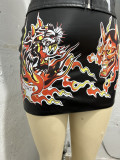 Fashion Pu Leather Halter Neck Sexy Lace-Up Printed Tight Fitting Two-Piece Skirt Set