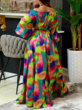 Spring Women Sexy Off Shoulder Bubble Long Sleeve Print Slim Waist Long Dress